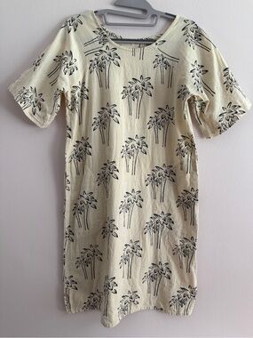 Po-em linen Palm Tree Print Short Sleeve Shift Dress - Cream & Black, XS